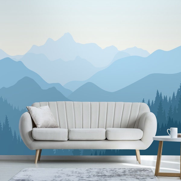 Blue Mountains landscape Peel and Stick Removable Wallpaper, Self Adhesive scandinavian fog in mountains wall Mural Nursery child wallpaper