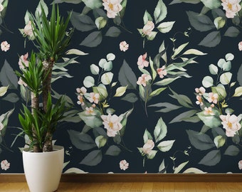 Carta da parati floreale ad acquerello: fiori rosa da staccare e attaccare su sfondo scuro