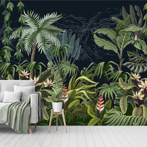 Jungle Tree and Flower removable wallpaper,self-adhesive, peel and stick, wall mural, Dark Forest and Green Leaves mural print jungle plants