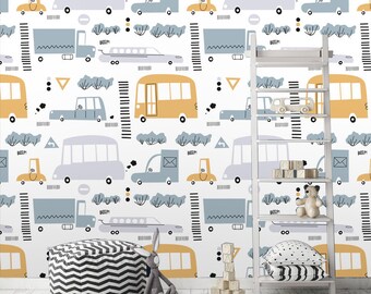 hand drawn cute car removable wallpaper,Self Adhesive Peel & Stick Nursery Decor,  Cartoon cars road sign zebra crossing Kids room wallpaper