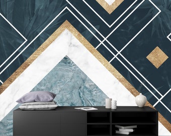 May include: A black entertainment center with a white marble and gold geometric pattern wallpaper. The wallpaper features a blue and white marble design.
