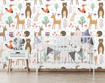 Papier peint amovible forêt avec animaux mignons, décoration de chambre d'enfant autocollant autocollante, renard, cerf, lapin, hérisson et hibou Papier peint pour chambre d'enfants