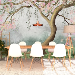 Under the Tree Peel and Stick Wallpaper Mural Flowering Tree with Willow Branches Wallpaper  Nursery Removable Wallpaper - Self Adhesive