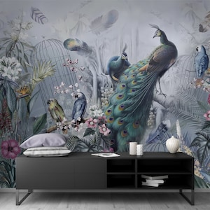 Peacock and Flower Wallpaper - Peel and Stick-muurschildering van stof