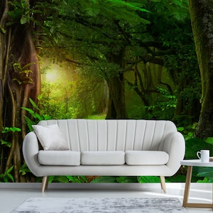 Forêt magique enchantée - Grande décoration murale jungle thaïlandaise, papier peint autocollant en tissu, papier peint de salon autocollant