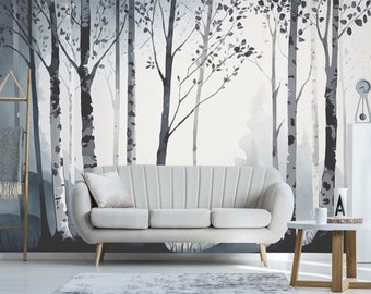 Birch Tree Wallpaper Mural: Black and White Watercolor Peel & Stick
