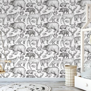 Forest animals fabric wallpaper Peel and Stick woodland animals wallpaper Removable Self Adhesive Space Wallpaper  Kid's Room Interior
