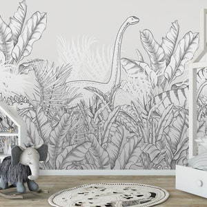 Graue tropische Blätter und Dinosaurier Tapete Wandbild, Schälen und Stick entfernbare Tapete Kinderzimmer Kinderzimmer selbstklebend