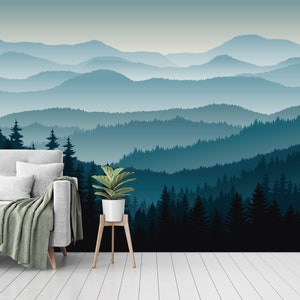 3D Mountain Removable Wallpaper Peel and Stick Self Adhesive Nursery Mountain Mural Ombre Pine Forest Trees Natural Mountain View Decor