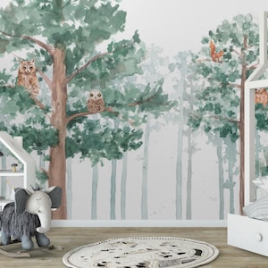 watercolor pine forest removable wallpaper Peel and Stick Wall Mural - Self Adhesive wall art owls and squirrels on the trees home bedroom