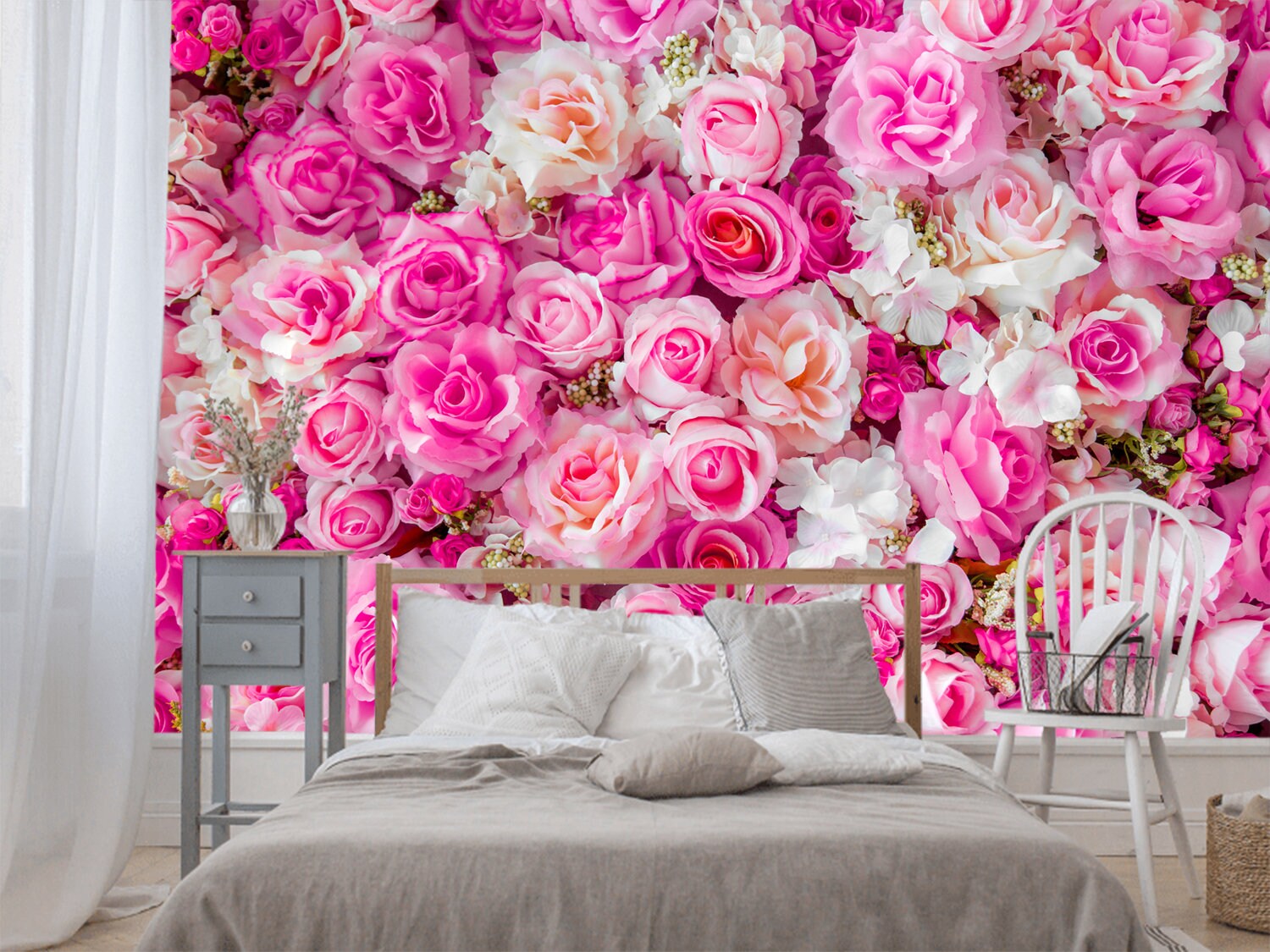 Soft Pink Roses Wallpaper - Removable Floral Wall Mural - Custom Size
