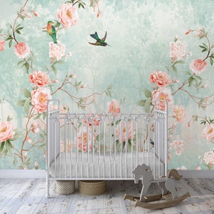 Beautiful garden flowers wallpaper mural, peel and stick removable fabric blooming rose bush and birds temporary wallpaper self-adhesive