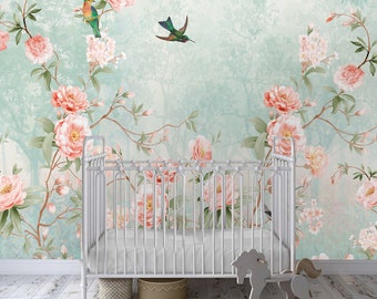 Beautiful garden flowers wallpaper mural, peel and stick removable fabric blooming rose bush and birds temporary wallpaper self-adhesive