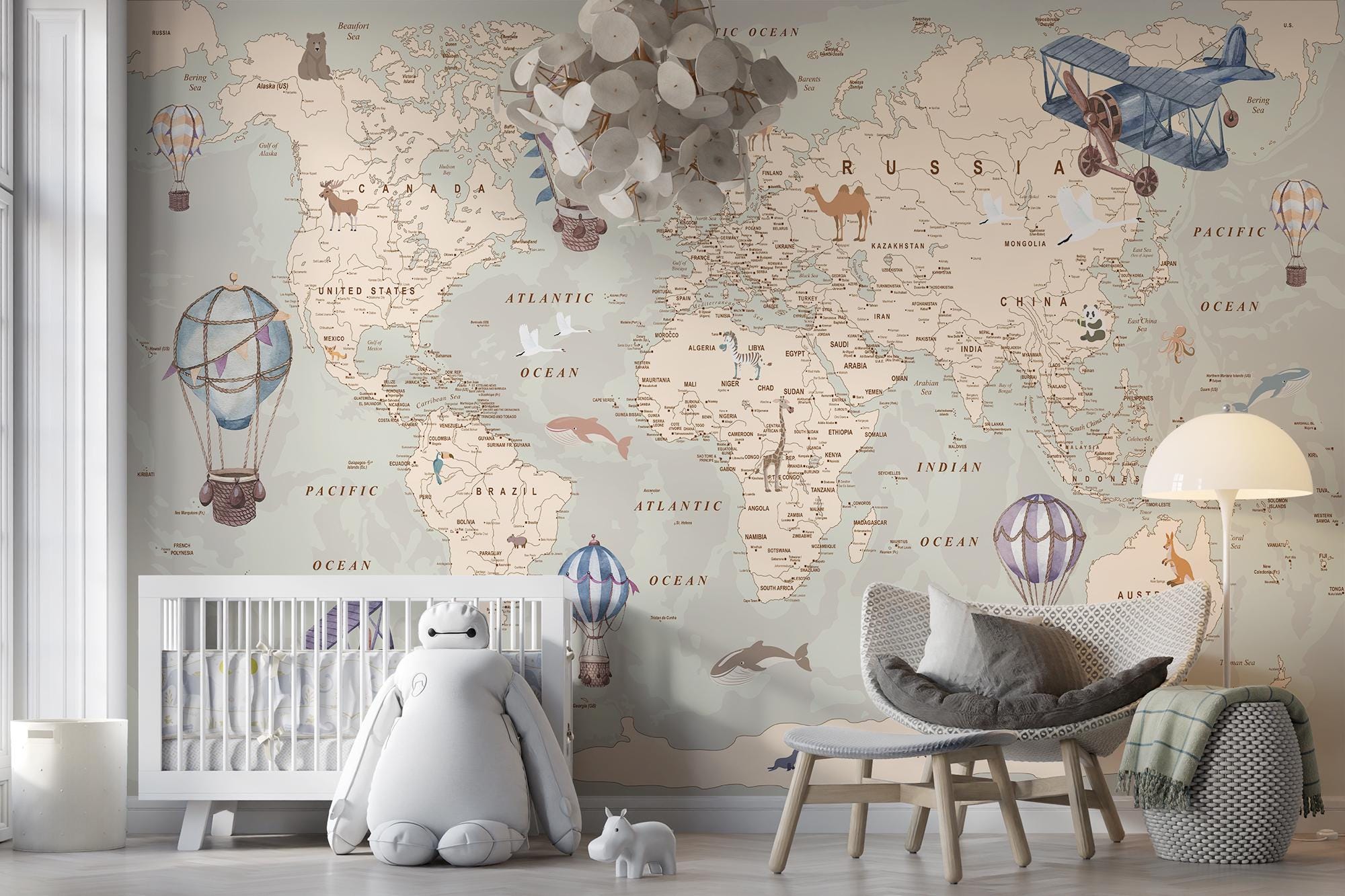 Vintage World Map Kids Wallpaper Mural, Hot Air Balloon Plane Wall ...