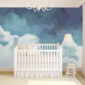 Handgemalte Fantasy Himmelblau Aquarell Wolken wiederablösbare Stofftapete Kinderzimmer Tapete, schälen und aufkleben, selbstklebend