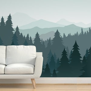 pine forest and mountains Wallpaper,Coniferous mountains Peel and Stick Wall Poster,fir mountains Nursery Wall mural removable self adhesive