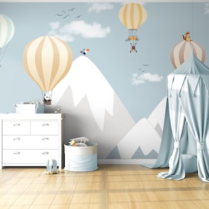 animali safari palloncino bambini carta da parati neve montagna Carta da parati Peel and Stick Autoadesivo decorazione della parete della stanza dei bambini mongolfiera
