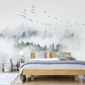 foggy mountain and birds wallpaper removable misty forest wall mural Pine Forest Clouds Wallpaper, self adhesive,Peel and Stick Wall Poster