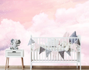 Mural de papel tapiz de nubes rosas: cielo de acuarela, tela despegable y adhesiva