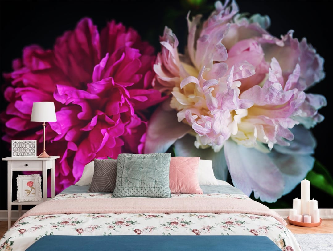 Peony Flower Wallpaper Mural: Peel and Stick Fabric, Dark Floral Home ...