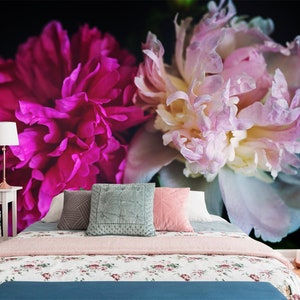 Peony flower wallpaper mural, peel and stick removable fabric wallpaper floral home decor,temporary wallpaper  self-adhesive dark background