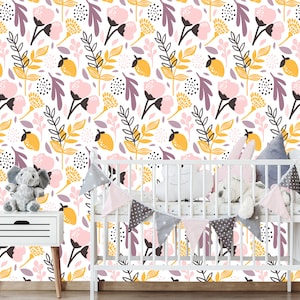 Flowers and leaves wallpaper, Modern wall art, peel and stick,self adhesive, temporary wall mural, Floral removable wallpaper