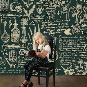 Verde e beige Carta da parati retrò in stile retrò murale per bambini carta da parati per camera autoadesiva, buccia e bastone, carta da parati rimovibile a tema a base di erbe
