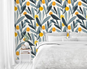 watercolor floral pattern removable fabric Wallpaper  Blue Leaves and Yellow Flowers Peel and Stick Wallpaper Self Adhesive Kids wallpaper