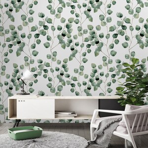 Carta da parati floreale verde acquerello in tessuto rimovibile, rami e foglie, carta da parati staccabile e incollata, decorazione murale con foglie verdi morbide, autoadesiva