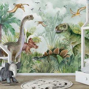 Aquarell Dinosaurier Tapete Wandbild, Schälen und Stick entfernbares Gewebe Kinderzimmer temporäre Tapete selbstklebende Kindertapete