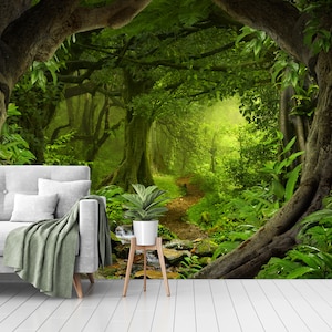 Enchanted Magical Forest - Large Wall Mural, Self-adhesive Fabric Wallpaper, Peel & Stick wall decal Deep tropical jungles Wallpaper N-86