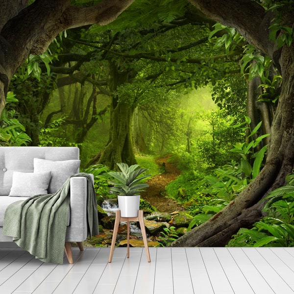 Enchanted Magical Forest - Large Wall Mural, Self-adhesive Fabric Wallpaper, Peel & Stick wall decal Deep tropical jungles Wallpaper N-86