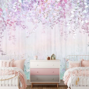 Floral Peel and Stick Wallpaper: Rainbow Haze Misty Forest Mural