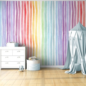 watercolor Gradient rainbow removable wallpaper self-adhesive peel and stick, wall mural  Pastel Rainbow Striped kids room nursery Wallpaper