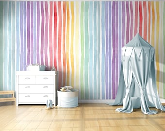Aquarell Farbverlauf Regenbogen entfernbare Tapete selbstklebend schälen und aufkleben, Wandbild Pastellfarben Regenbogen Gestreifte Kinderzimmer Kinderzimmer Tapete