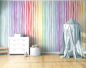 watercolor Gradient rainbow removable wallpaper self-adhesive peel and stick, wall mural  Pastel Rainbow Striped kids room nursery Wallpaper