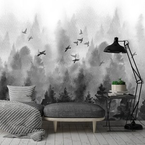 Watercolor Landscape Bird Forest wallpaper - peel and stick - self adhesive Nature mountains wallpaper wall Mural Watercolor Landscape