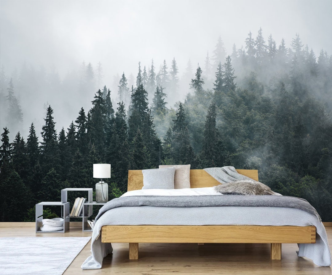 Misty Mountain Wallpaper Mural: Peel and Stick Foggy Forest Wall Art - Etsy