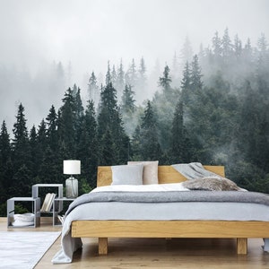 Misty Mountain Wallpaper Mural: Peel and Stick Foggy Forest Wall Art