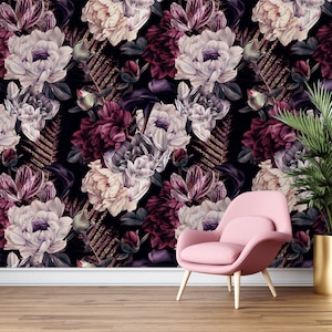 Dark Floral Wallpaper Mural: Vintage Peel and Stick Fabric