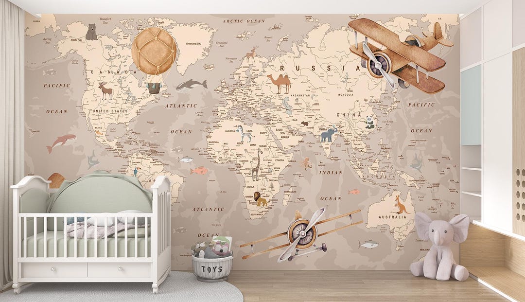 Vintage World Map Kids Wallpaper Mural, Peel and Stick Removable Wall ...