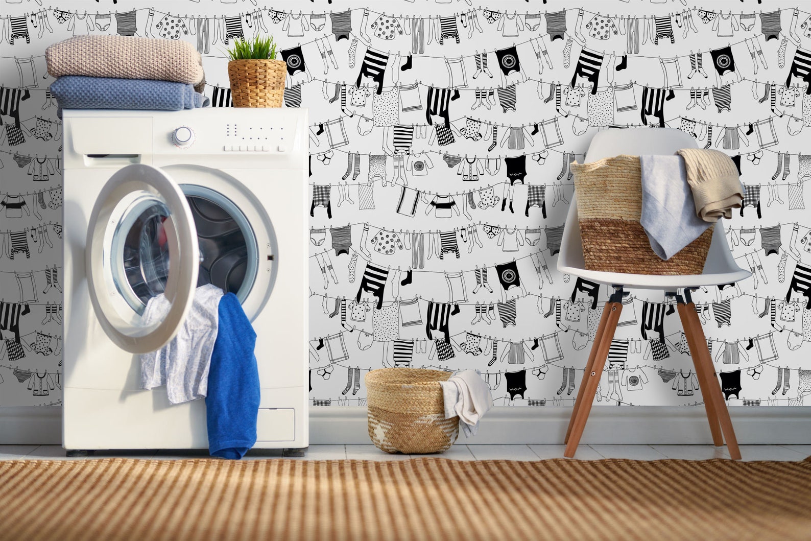 Laundry Room Wallpaper: Clothesline Removable Peel and Stick Fabric - Etsy