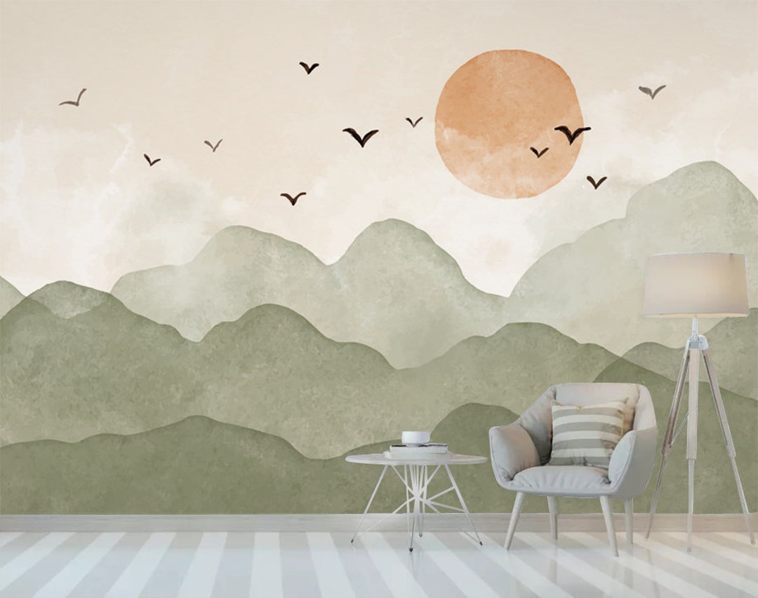 Sunset Mountain Watercolor Wallpaper Mural - Peel and Stick Removable ...
