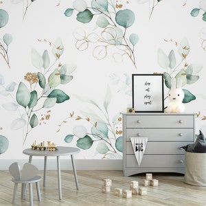 Removable Fabric Wallpaper Watercolor Eucalyptus Leaf Wallpaper Peel and Stick Soft Green Leaves Wall Mural Self Adhesive