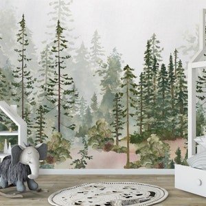 Woodland Watercolors Pine Tree Forest Mural Woodland Scenic Peel and Stick Removable Wallpaper Self Adhesive Kids Nursery room wall mural