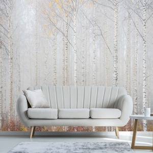 Birch forest in fog Removable wallpaper ,Self Adhesive ,Peel and Stick, Birch tree wall Mural, Autumn landscape walldecor