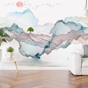 Ink landscape Removable Wallpaper, peel and stick Wall Poster,self adhesive Mountain wall mural watercolor wallpaper kids wallpaper