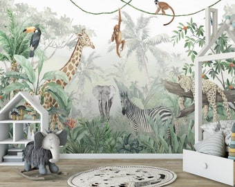 tropical forest and animalstropical forest and animals removable wallpaper Peel and Stick,Self-Adhesive animal branch Wall Mural