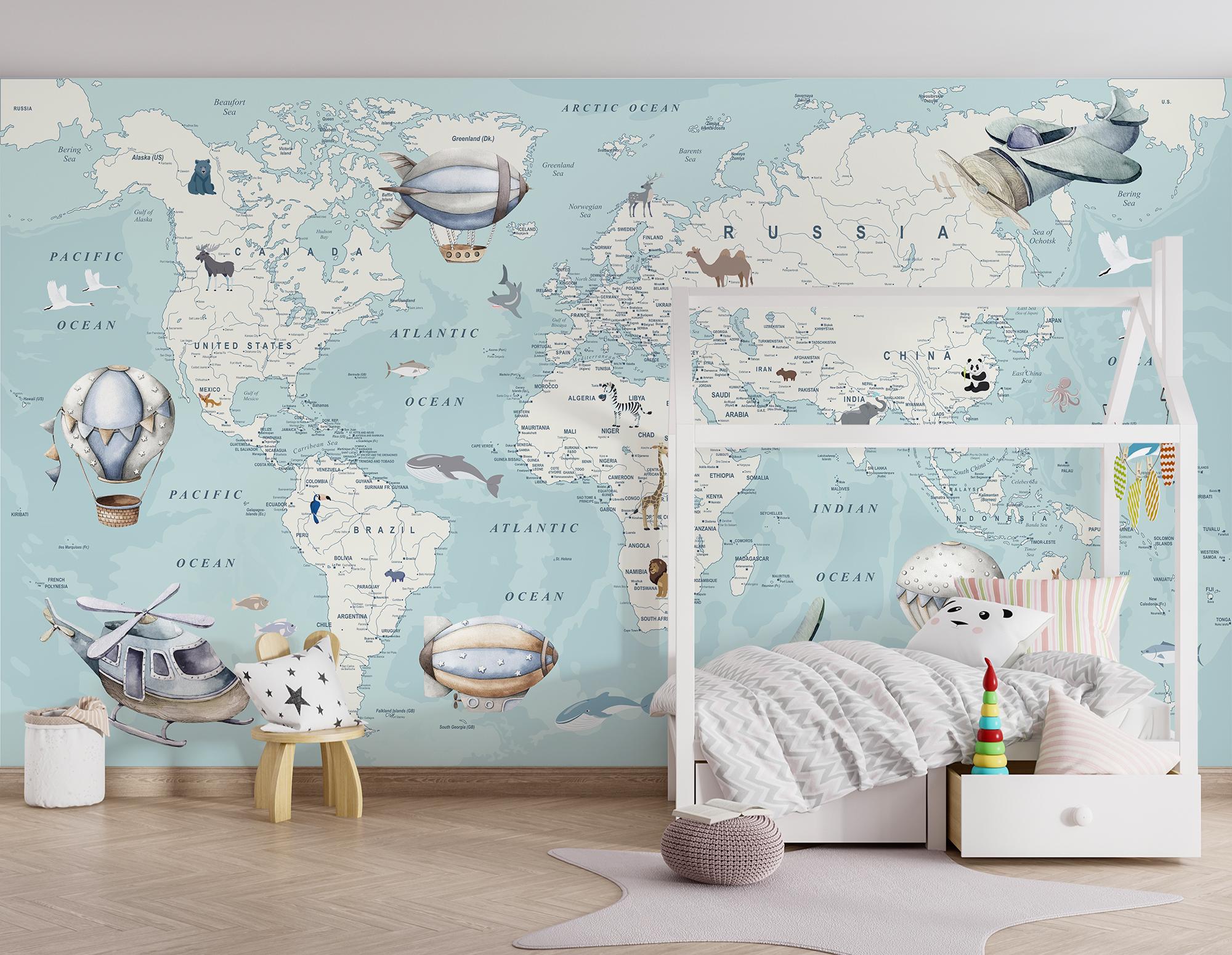 World Map Kids Wallpaper Mural, Peel and Stick Removable Wall Mural ...