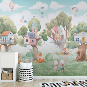 acuarela animales bosque tela removible Fondo de pantalla globos árboles del bosque Mural Peel and Stick Autoadhesivo animales de dibujos animados Fondo de pantalla